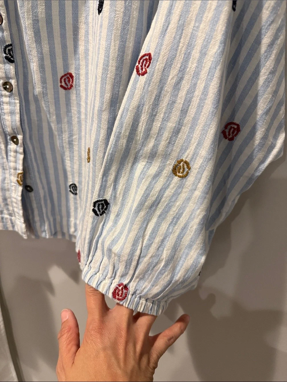 Anthropology Light Blue and White Striped Embroidered Button-Front Blouse